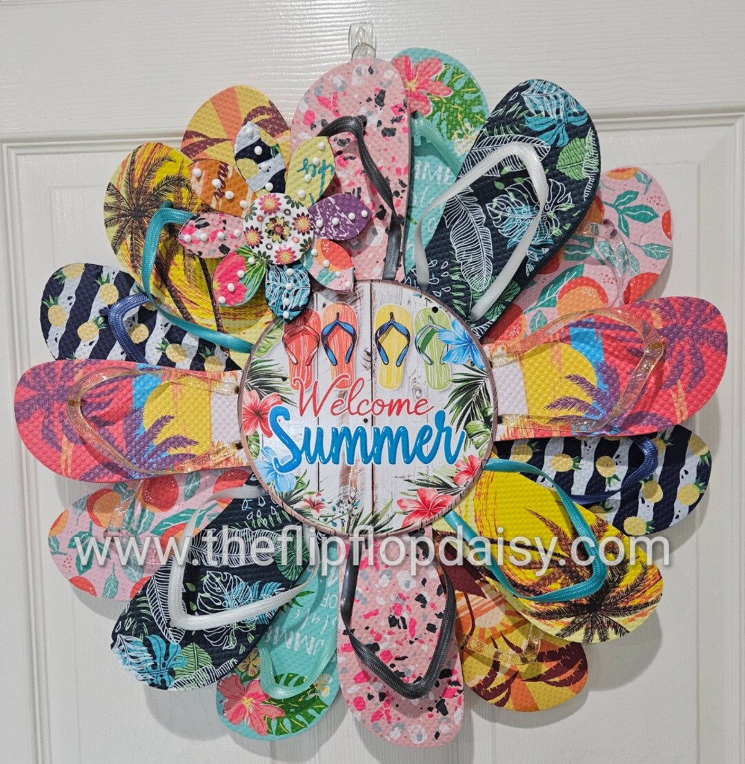 Welcome Summer Flip Flop Wreath Door Wall Decor Unique Gift Beach Ocean ...