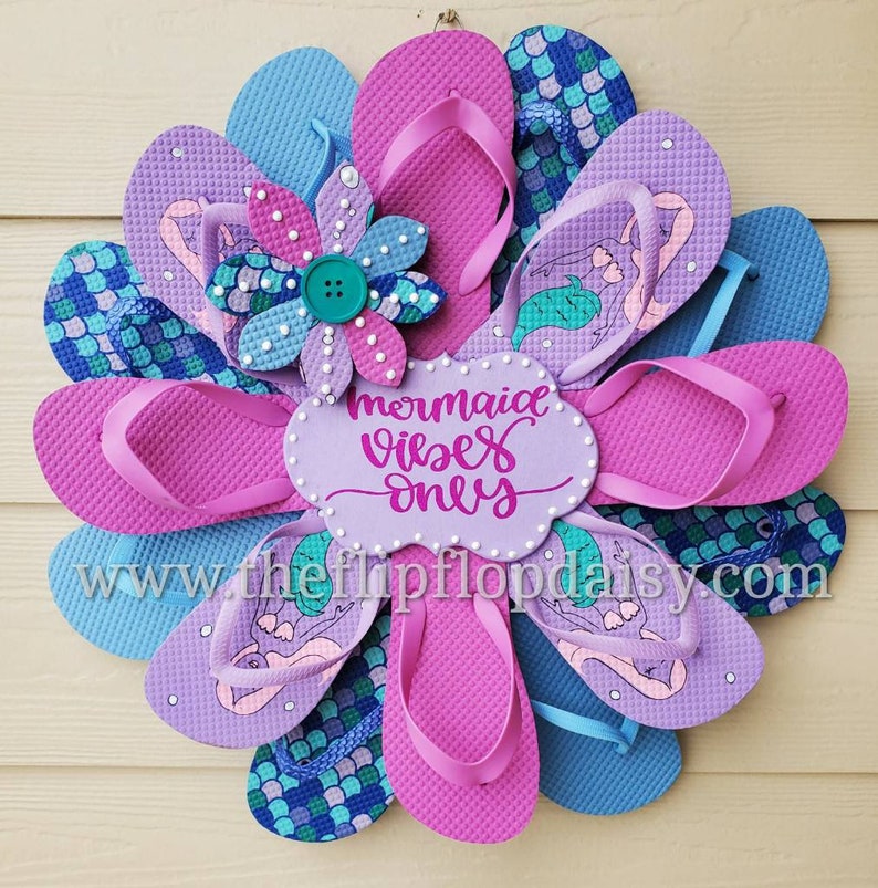 Mermaid Vibes Only Flip Flop Wreath Door Wall Decor Unique Gift Beach Ocean Coastal Pink Glitter Girls image 1