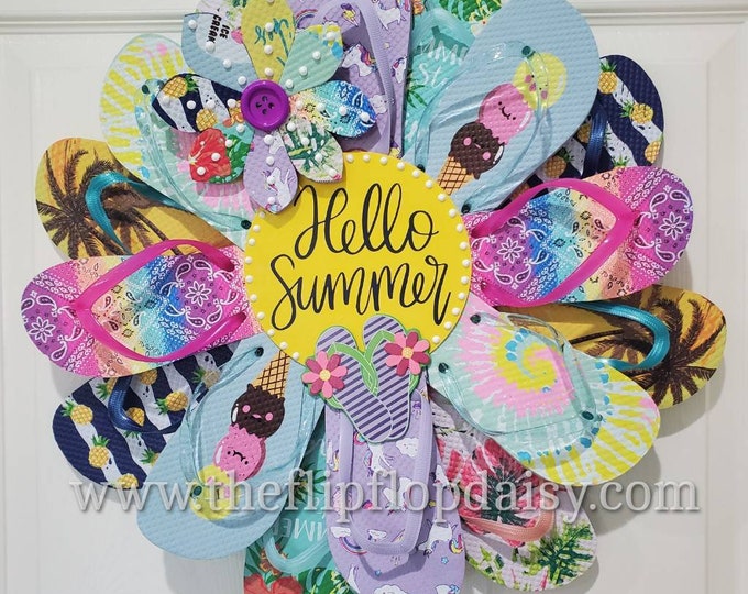 Adorable hello Summer Flip Flop Wreath Door Wall - Etsy
