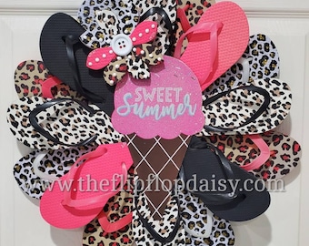 Leopard Print Sweet Summer Flip Flop Wreath Door Wall Decor Unique Gift Ocean Coastal Beach