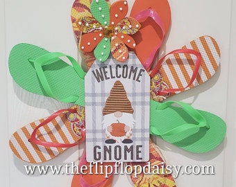 Welcome Gnome Fall Flip Flop Wreath Door Decor Coastal Beach House Florida