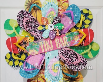 Tiki Bar Flip Flop Wreath Tropical Door Decor Coastal Glitter