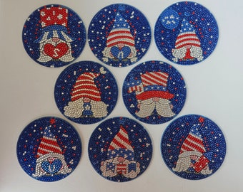 Patriotic Gnome Diamond Coasters Red White Blue USA