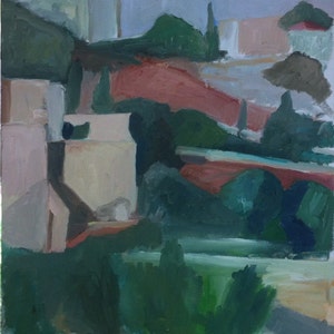 May include: An abstract oil painting depicting a landscape with a mix of green, brown, and blue hues. The painting features a series of hills and trees, with a few buildings visible in the background.