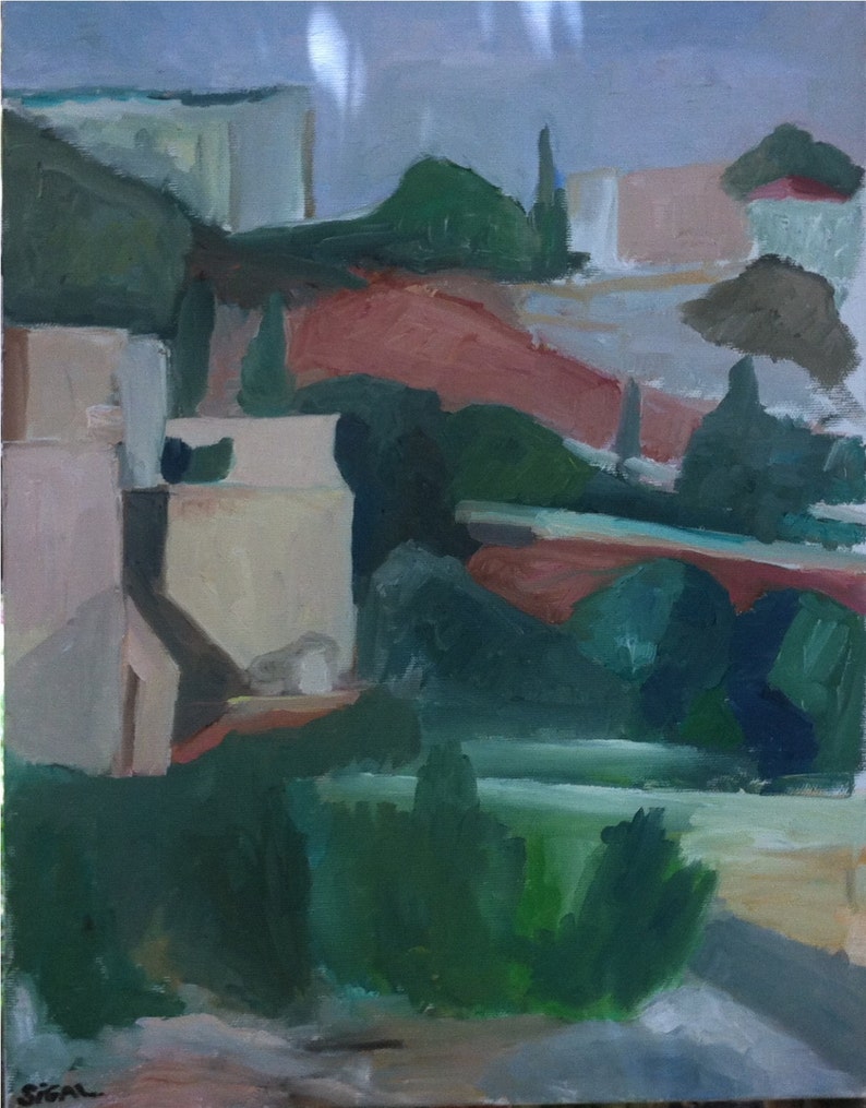 May include: An abstract oil painting depicting a landscape with a mix of green, brown, and blue hues. The painting features a series of hills and trees, with a few buildings visible in the background.