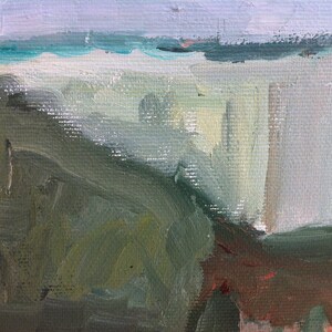 May include: Abstract painting with a blue, green, and white color scheme. The painting features thick brushstrokes and a textured surface.