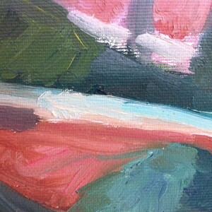 May include: Abstract painting with thick brushstrokes in shades of green, blue, pink, and white. The painting has a textured surface and a modern style.