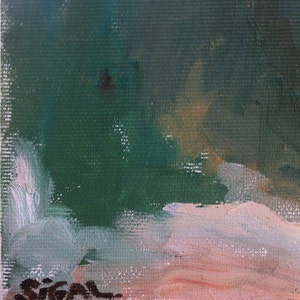 May include: Abstract painting with a green background and pink and white brushstrokes. The painting is signed "Sigal" in the bottom left corner.