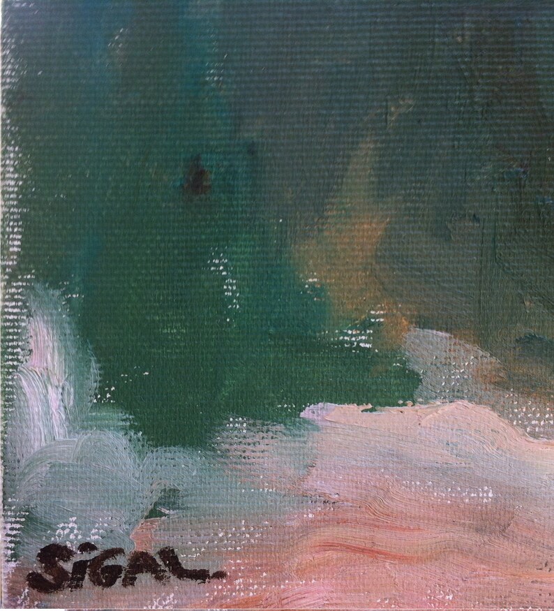 May include: Abstract painting with a green background and pink and white brushstrokes. The painting is signed "Sigal" in the bottom left corner.