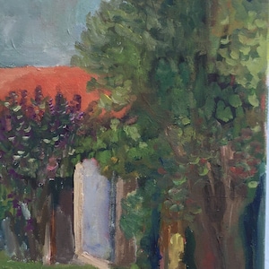 Garden   With tree and house oil Painting,   Iight of afternoon israel 30cmx60cm