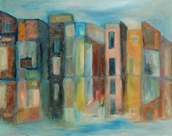 Art Painting, Urban & River Landscape in hirone Spain, 50x60 cm,  20"x24", Original oil Painting One of a Kind   signed back