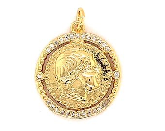 18K Gold CZ Victorian Coin Charms for Necklace,Dainty Women Coin Pendant,DIY Jewelry Charms for Jewelry Making,Bulk Wholesale Gold Charms