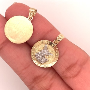 Amuleto de São Miguel em ouro maciço 14K, medalha de São Miguel Arcanjo, amuleto católico, medalha religiosa, pingente de proteção em ouro real para corrente