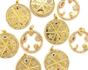 Große Gold Good Luck Medaillon Anhänger, Evil Eye Charm für Halskette, Herz, Mond, Stern, Hamsa Segen Charm, Glücksbringer für Kette