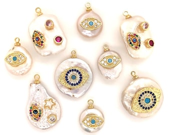18K Pearl Gold Evil Eye Charm,Gold Lucky Eye Boho Charms,Dainty Evil Eye Pendant,Evil Eye Jewelry,Good Luck Eye Charm, DIY Charms