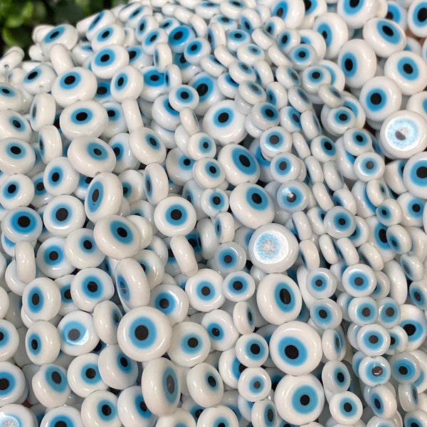 Evil Eye Flat Beads,Luky Eye Light Blue & White Evil Eye Beads, White Lucky Eye Beads,Glass Evil Eye Jewelry Accent Beads, Evil Eyes