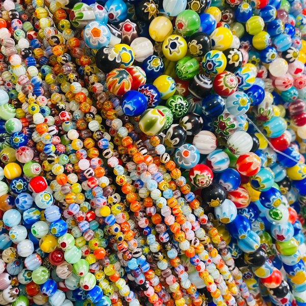 Murano Style Millefiori Round Beads,6mm Flower Glass Beads,8mm Millefiori Beads,Colorful Bulk Beads for Jewelry Making,4mm Millefiori Beads