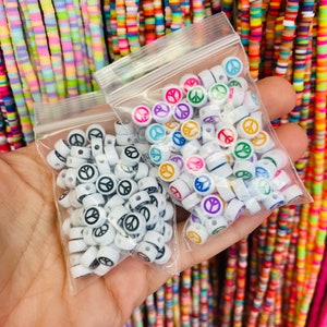 100 Colorful Peace sign Beads,Round Peace sign Spacer Beads,Peace Sign Boho Accent Charm Beads,Kids DIY Jewelry,Bulk Beads for bracelets