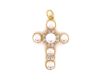 18K guldpärlhänge med kors för halsband, stort elegant guldkorshänge, enkelt kors för smyckestillverkning, religiösa berlocker, kristet kors