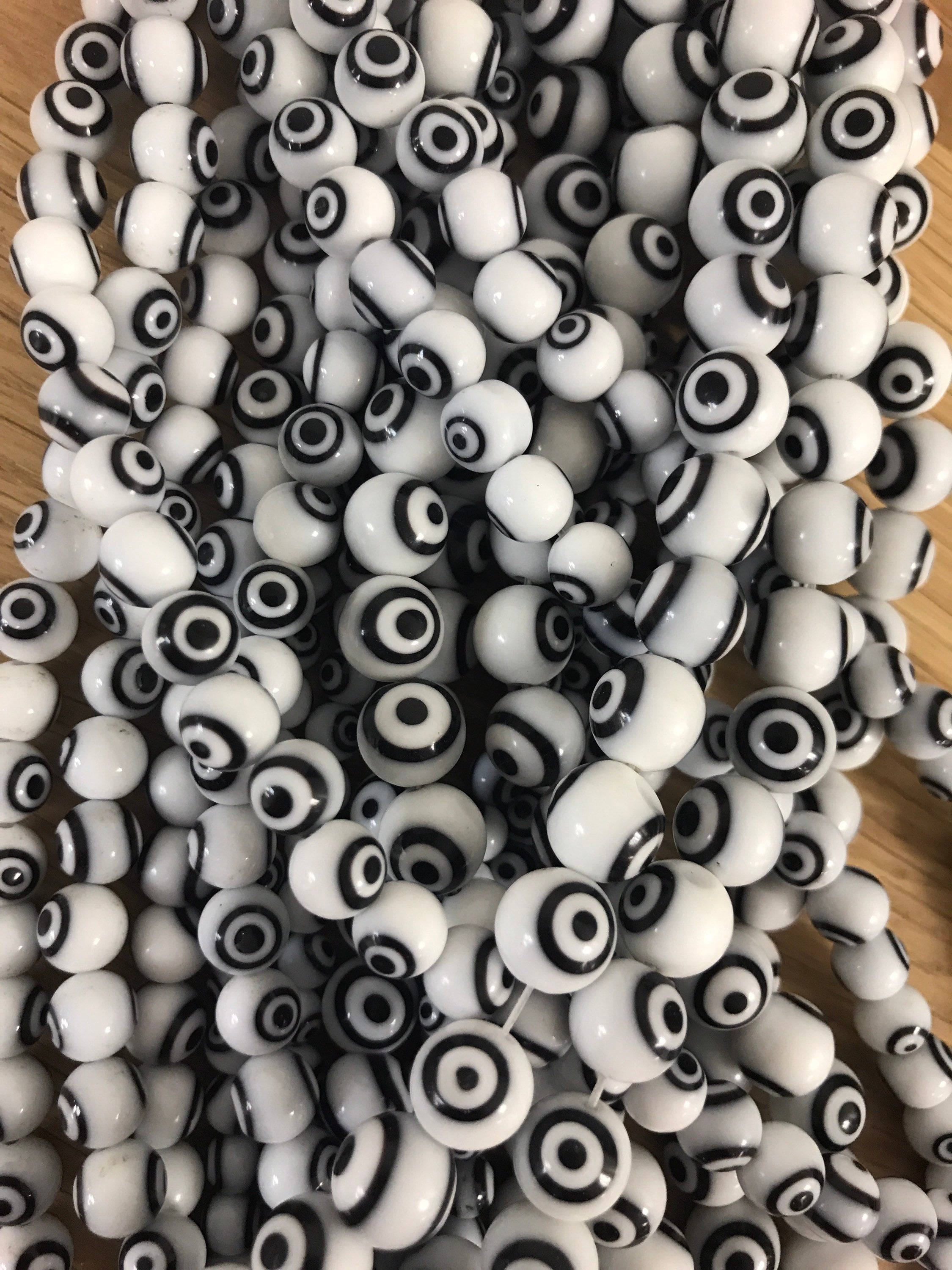 Evil Eye Round Glass Beads, White & Black Evil Eye Beads, Lucky Eye Beads,  Round Lucky Eye Beads, per Strand, Wholesale Evil Eye Beads 