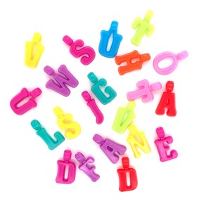 May include: A collection of colorful plastic letter beads in various colors, including red, orange, yellow, green, blue, purple, and pink. The beads are shaped like uppercase letters of the alphabet.