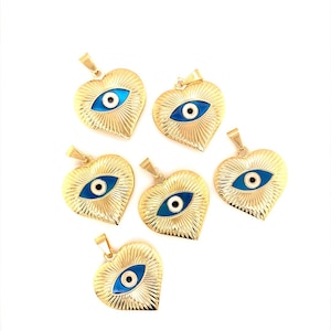 18K Gold Filled Evil Eye Heart Charms, Biżuteria Evil Eye, Złoty wisiorek Evil Eye Heart, Amulety szczęścia, Niebieski wisiorek Evil Eye Heart Greek