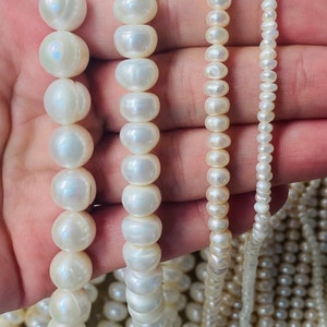 May include: Four strands of white pearl beads of varying sizes. The beads are strung on a thin white thread. The beads are arranged in order of size, with the largest beads on the left and the smallest beads on the right.