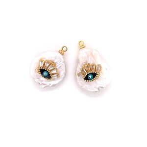 18K Pearl Gold Evil Eye Charm,gold Lucky Eye Boho Charms,dainty Evil Eye Pendant,evil Eye ...
