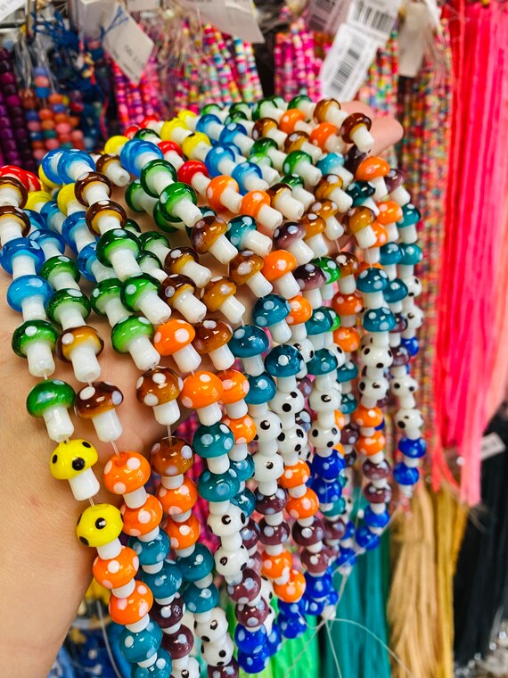 Glass Mushroom Beads, 20 Mushrooms, Lampwork Murano , Spacer Beads,  Keyrings, Glass Beads, Mixed Colour Beads, Jewellery Making 