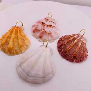May include: Four seashells with gold-colored loops for hanging. The shells are in shades of orange, pink, white, and brown. The shells are arranged on a white surface.