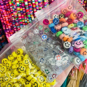 100 Smiley Beads,Pack of Happy Face Beads,Colorful Clear Smiley Beads,Round Smiley Spacer Beads,Key Chain Beads,Boho Beads,Kids DIY Jewelry