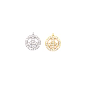 Dainty CZ Hanging Peace Sign Charm,Boho Peace Sign Charm,Gold Peace Sign for Beaded Bracelet,Sterling Silver Peace Sign Pendant for Necklace
