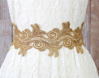 Wide Metallic Gold Lace with Navy Ribbon Sash Belt, Bridal Gold Lace Sash, Bridesmaid Sash ,Flower Girl Sash