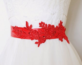 Red  Beaded Alencon Lace Sash Belt, Bridal Red Sash, Bridesmaid Sash , Flower Girl Sash