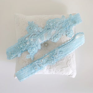 Something Blue, Pearl Beaded Light Blue Lace Wedding Garter Set, Light Blue Bridal Garter, Blue Toss Garter