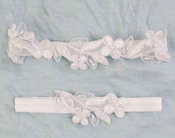 White Beaded Lace Wedding Garter Set, White Wedding Garter, White Bridal Garter, Prom White Garter Belt