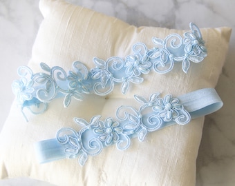 Something Blue, Pearl Beaded Light Blue Lace Wedding Garter Set, Light Blue Bridal Garter,Blue Toss Garter