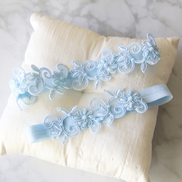 Something Blue, Pearl Beaded Light Blue Lace Wedding Garter Set, Light Blue Bridal Garter,Blue Toss Garter