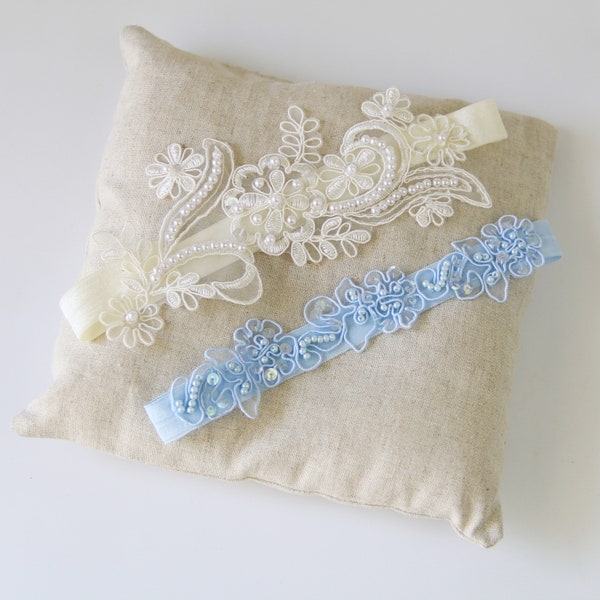 Ivory and Light Blue Beaded Lace Garter Set, Bridal Garter, Wedding  Garter, Somthing Blue Garter Set, Blue Toss Garter