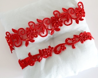 Red Beaded Lace Wedding Garter Set, Red Bridal Garter Set, Red Wedding Garter,Red Toss Garter,Red Prom Garter Belt