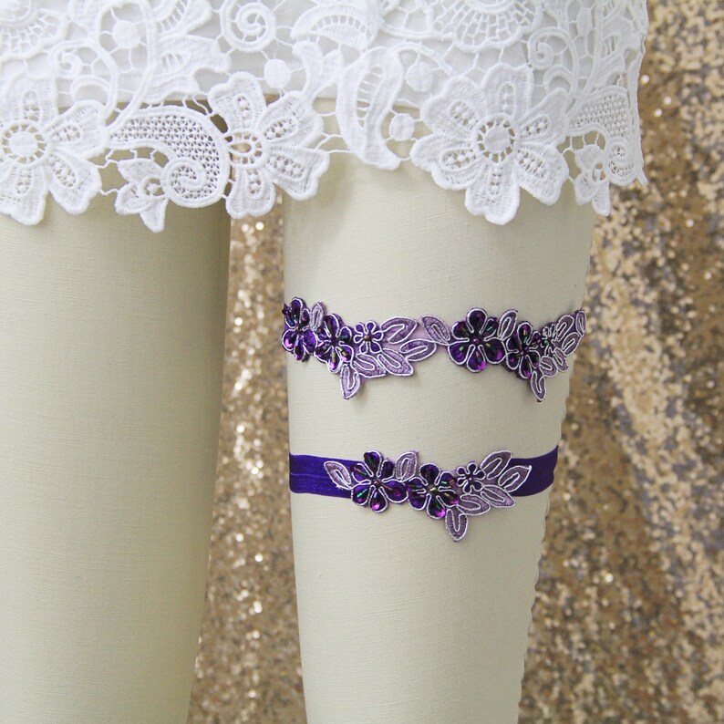 Purple and Lavender Wedding Garter Set Plum Beaded Flower Etsy