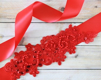 Red  Beaded Alencon Lace Sash Belt, Bridal Red Sash, Bridesmaid Sash , Flower Girl Sash
