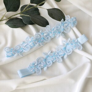 Something Blue, Pearl Beaded Light Blue Lace Wedding Garter Set, Light Blue Bridal Garter,Blue Toss Garter