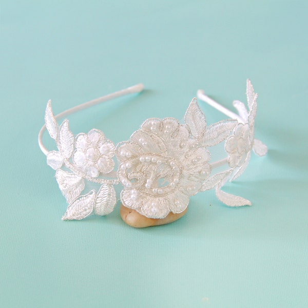 Ivory Beaded Flower Lace Headband, Ivory Lace Hair Band ,Bridal Ivory Headband, Ivory Lace Head Piece