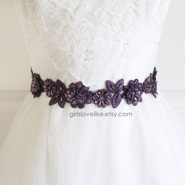 Plum, Dark Purple  Beaded Lace Sash Belt, Plum Bridal Sash, Bridesmaid Sash, Flower Girl Sash Belt.