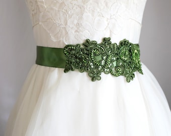Moss Green Lace Sash Belt, Satin Ribbon Bridal Bridesmaid Flower Girl Accessory
