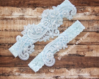 Something Blue, Pearl Beaded Light Blue Lace Wedding Garter Set, Light Blue Bridal Garter, Keesake Garter, Toss Garter, GT-53B