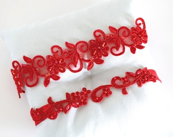 Rote Perlen Spitze Hochzeit Braut Strumpfband Gürtel