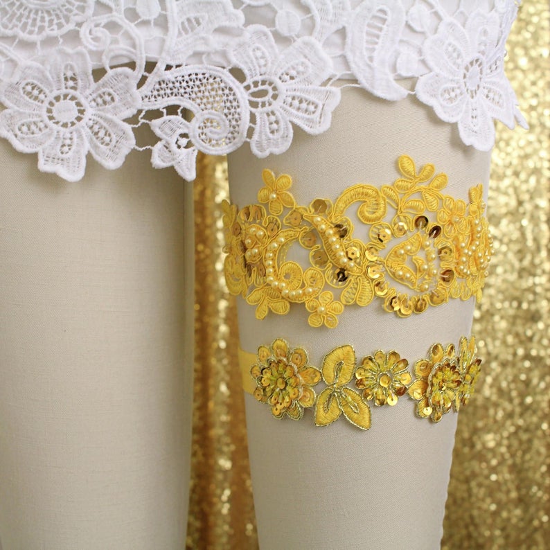 Yellow Wedding Garter Set Yellow Prom Garter Bridal Yellow Garter,Yellow Lace Garter