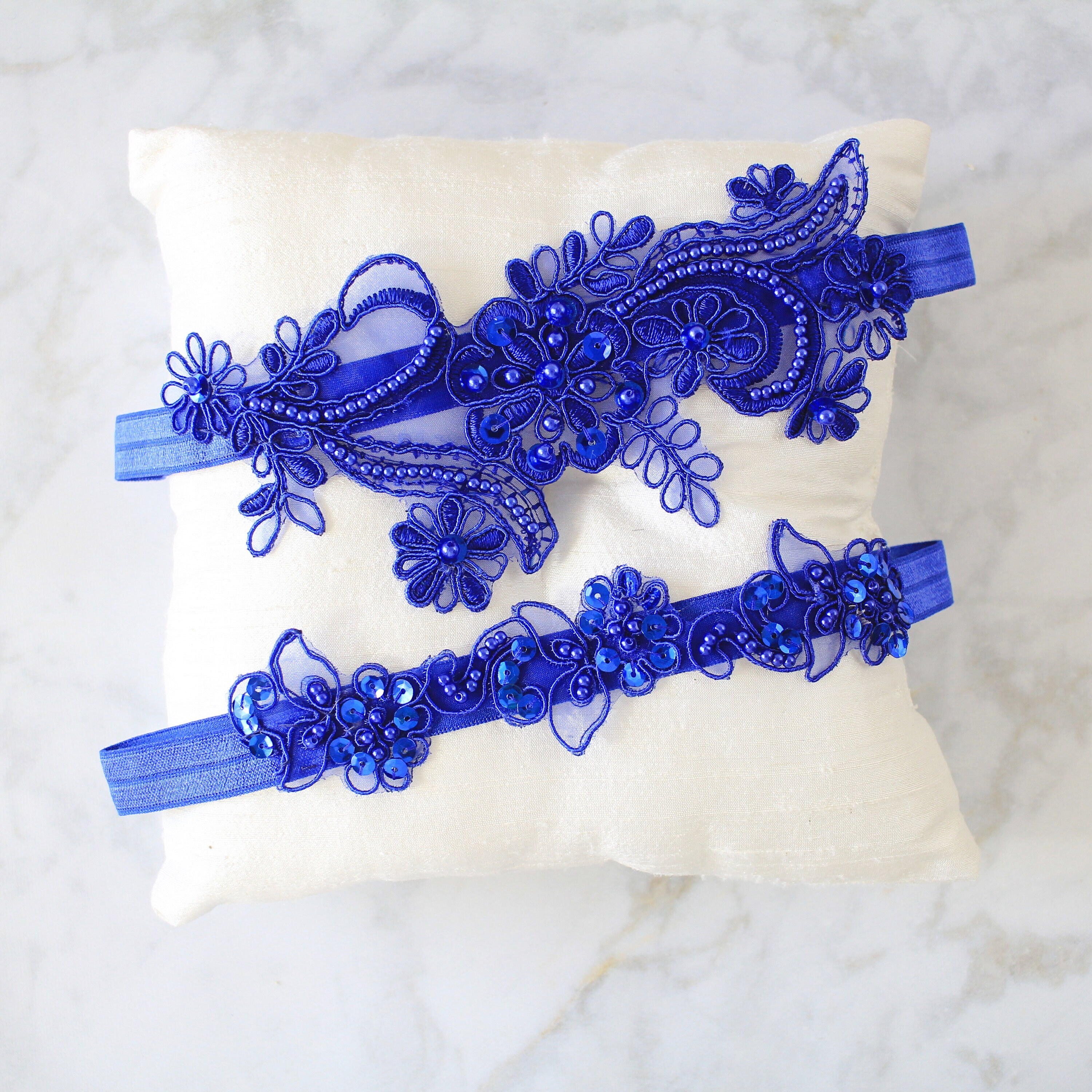 Royal Blue Beaded Lace Garter Set Bridal Blue Garter Wedding